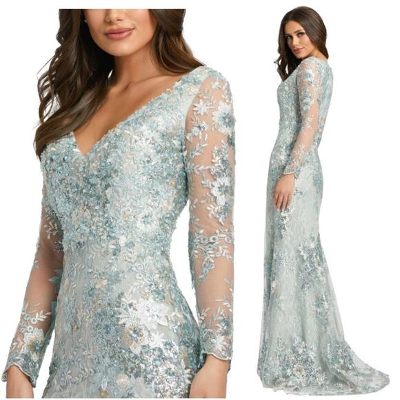 Mac Duggal 67539 Sea Mist Embellished Illusion V Neck Long Sleeve Gown 14 $698 - Picture 1 of 10